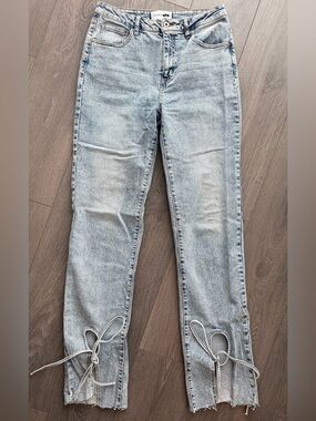 Fashion Nova Light Blue Straight Leg Jeans with Ankle Tie